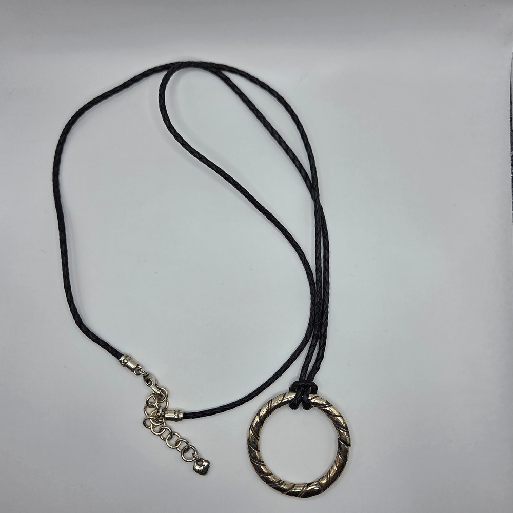 Brighton Black Braided Leather Open Circle Pendant Necklace 32" Long Silver Tone